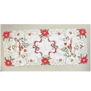 Vintage Holiday Table Scarf Home Poinsettia Trees Open Weave Embroidered